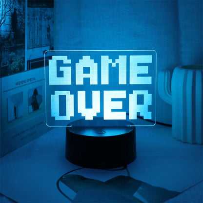  Luz Decorativa Gamer 3D “Game Over” – 7 Colores, USB Táctil