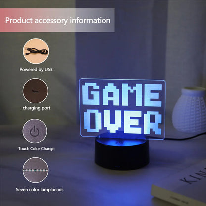  Luz Decorativa Gamer 3D “Game Over” – 7 Colores, USB Táctil
