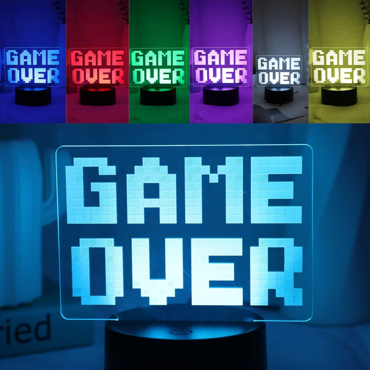  Luz Decorativa Gamer 3D “Game Over” – 7 Colores, USB Táctil